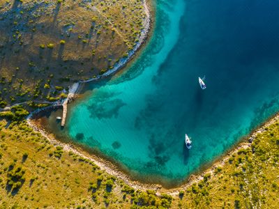 Aerial view of Kornati island archipelago at sunrise. Kornati National Park, Croatia.