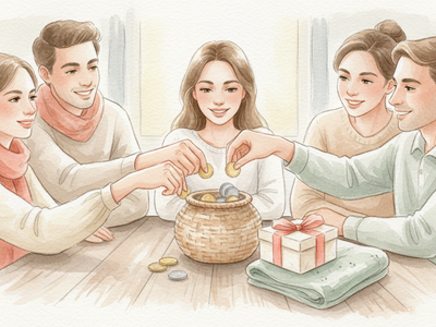 Des amis déposent des pièces dans un panier près d’un cadeau de naissance autour d’une table.