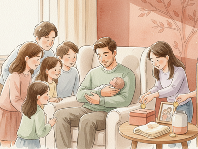 Un jeune papa reçoit un cadeau collectif près de son nouveau-né dans une chambre baignée de lumière.