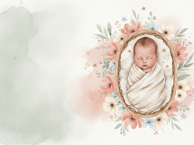 Un nouveau-né dort dans un berceau fleuri, peint à l’aquarelle dans des tons corail et crème.