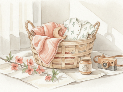 Un panier de naissance garni d’une couverture, de vêtements et de petits cadeaux repose dans une chambre lumineuse.