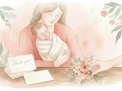 Un parent berce un nouveau-né près de cartes vierges et d’un petit bouquet peint à l’aquarelle.
