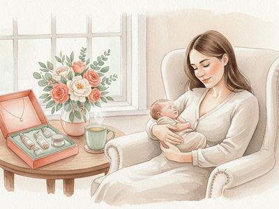 Une jeune mère se repose près de son bébé endormi, avec un coffret cadeau, un collier et un bouquet.