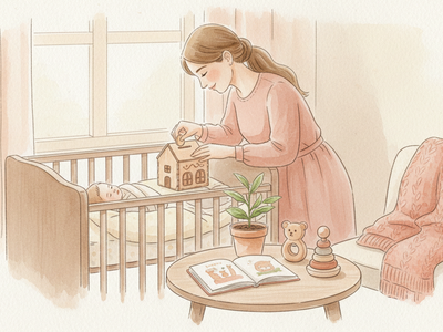 Une marraine dépose une pièce dans une boîte en bois près d’un bébé endormi et de cadeaux choisis.