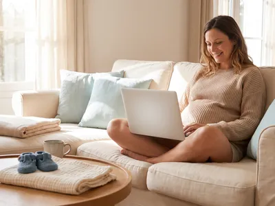 Femme enceinte créant sa cagnotte de naissance sur son ordinateur portable dans son salon