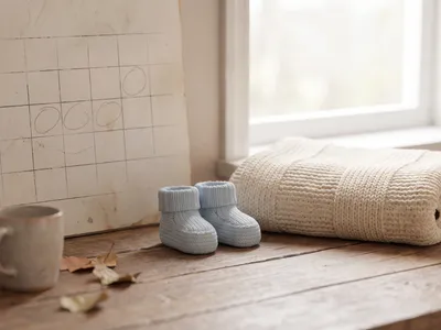 Calendrier avec chaussons de bébé et plaid, symbole du délai pour participer à une cagnotte de naissance