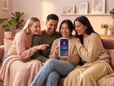 Groupe d'amis regardant ensemble une cagnotte de naissance sur un smartphone