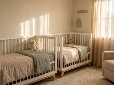 Chambre de bébé préparée pour des jumeaux avec deux berceaux jumeaux
