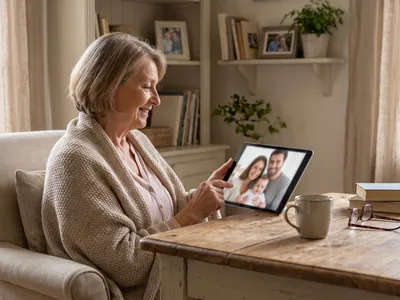 Grand-mère en appel vidéo avec sa famille expatriée pour participer à la cagnotte de naissance