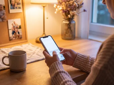 Femme rédigeant un message d'invitation à une cagnotte de naissance sur son smartphone