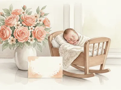 Un nouveau-né dort dans un berceau près d’un bouquet rose pêche et d’une carte vierge.