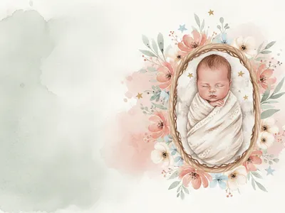 Un nouveau-né dort dans un berceau fleuri, peint à l’aquarelle dans des tons corail et crème.