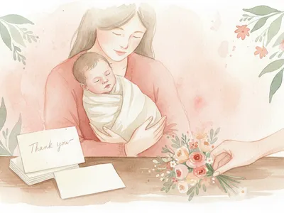 Un parent berce un nouveau-né près de cartes vierges et d’un petit bouquet peint à l’aquarelle.