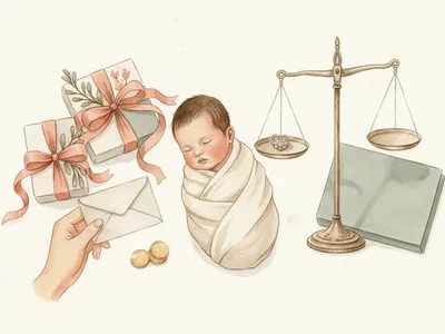 Un parent examine des enveloppes et des cadeaux près d’un nouveau-né endormi et d’une balance délicate.
