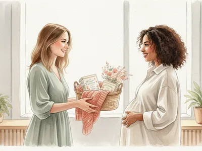 Une collègue offre un panier de cadeaux à une jeune maman dans un intérieur paisible.