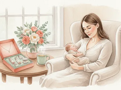 Une jeune mère se repose près de son bébé endormi, avec un coffret cadeau, un collier et un bouquet.