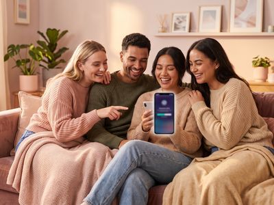 Groupe d'amis regardant ensemble une cagnotte de naissance sur un smartphone