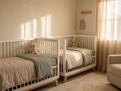 Chambre de bébé préparée pour des jumeaux avec deux berceaux jumeaux