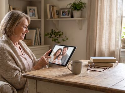 Grand-mère en appel vidéo avec sa famille expatriée pour participer à la cagnotte de naissance