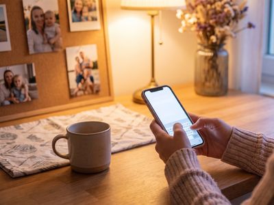 Femme rédigeant un message d'invitation à une cagnotte de naissance sur son smartphone