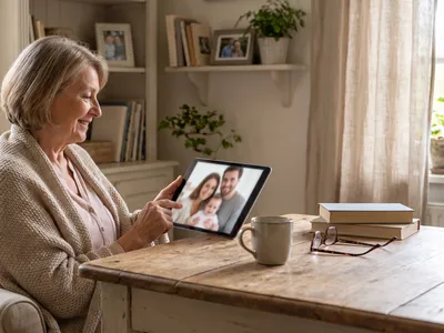 Grand-mère en appel vidéo avec sa famille expatriée pour participer à la cagnotte de naissance
