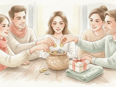 Des amis déposent des pièces dans un panier près d’un cadeau de naissance autour d’une table.