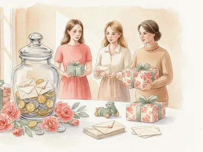 Des invités déposent des pièces et des enveloppes dans un bocal sur une table décorée pour une naissance.