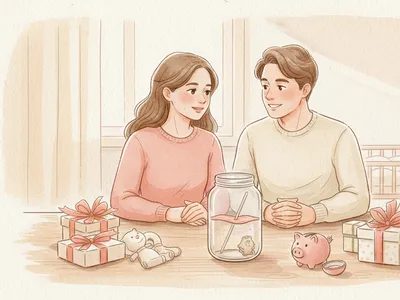 Deux parents discutent près du berceau, avec un bocal de contributions à moitié rempli et des cadeaux pour bébé.