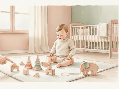 Un bébé découvre des jouets en bois soigneusement choisis dans une chambre lumineuse.