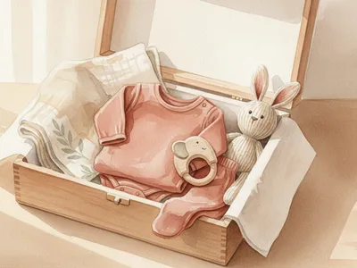 Un coffret de naissance ouvert présente des vêtements doux, un lange et un hochet en bois dans des tons rosés.