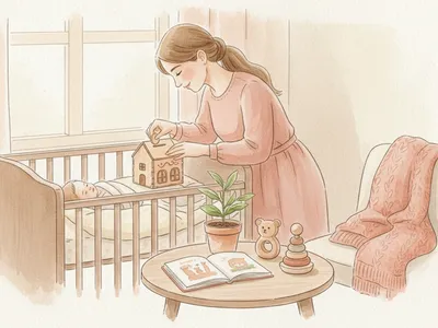 Une marraine dépose une pièce dans une boîte en bois près d’un bébé endormi et de cadeaux choisis.