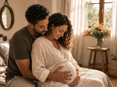 Couple partageant un moment tendre, la femme est enceinte