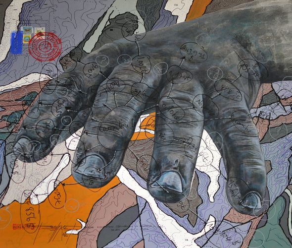 Jean David Nkot - #Statistique, exportation# cassitérité.FR,Acrylique, posca et encre chine sur toile, 120 x 110 Cm, 2021