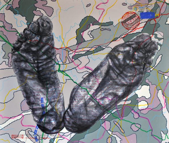 Jean David Nkot - BP 4437, Story of my feet, Acrylique, posca et encre chine sur toile, 120 x 110 Cm, 2021