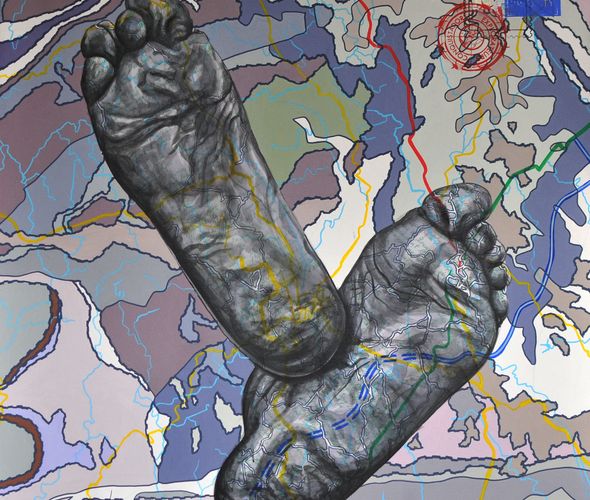 Jean David Nkot - Po Box, Story of my feet, Acrylique, posca et encre chine sur toile, 120 x 110 Cm, 2021
