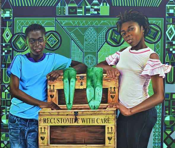 Dieudonne DJIELA KAMGANG, Fang children, Acrylique sur toile, 130x120cm,