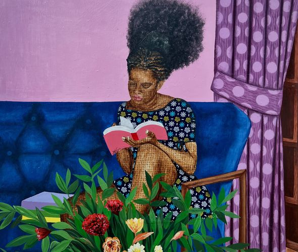 David Olatoye - Feyikemi - Pen, fabric and acrylic on canvas - 91x91 cm