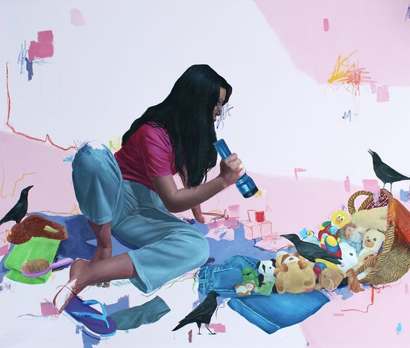 Rahma Lhoussig - we may forever chase,2022 - Mixed media on canvas - 80x100 cm