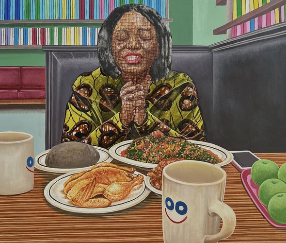 David Olatoye - Bless this food oh Lord, 2022 - Pen and acrylic on canvas - 61x61 cm
