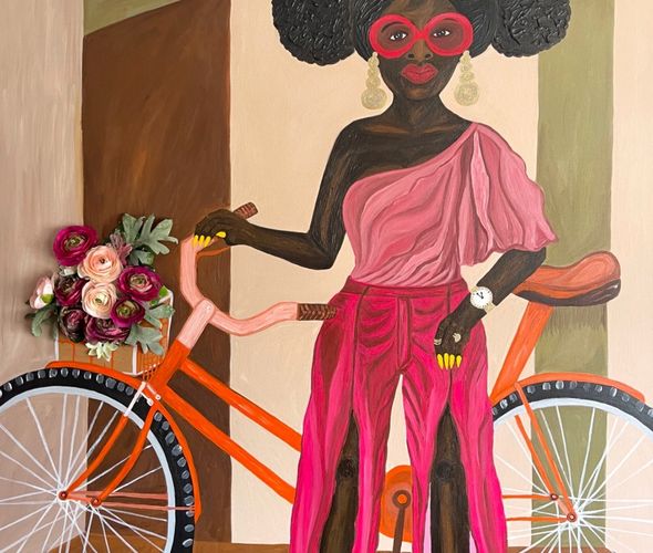 Sophia Oshodin - Good Times lll, 2022 - Acrylic, gouache and silk flowers on canvas - 91.4 x 91.4 cm