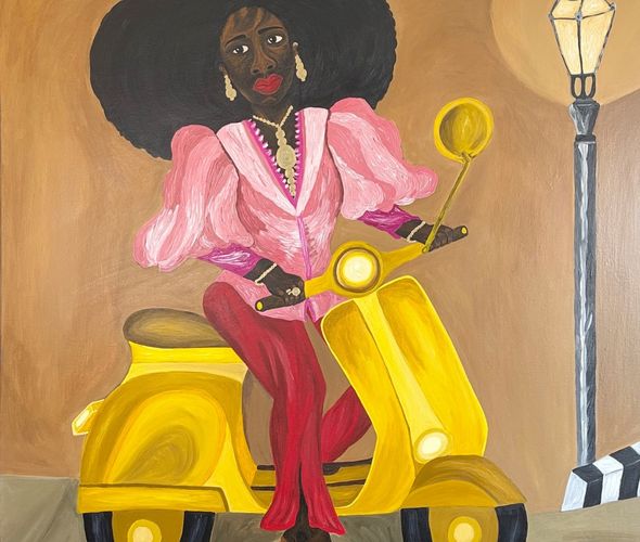 Sophia Oshodin Riding Towards Happiness III, 2022 Acrylic, gouache and silk flowers on canvas 100x100 cm