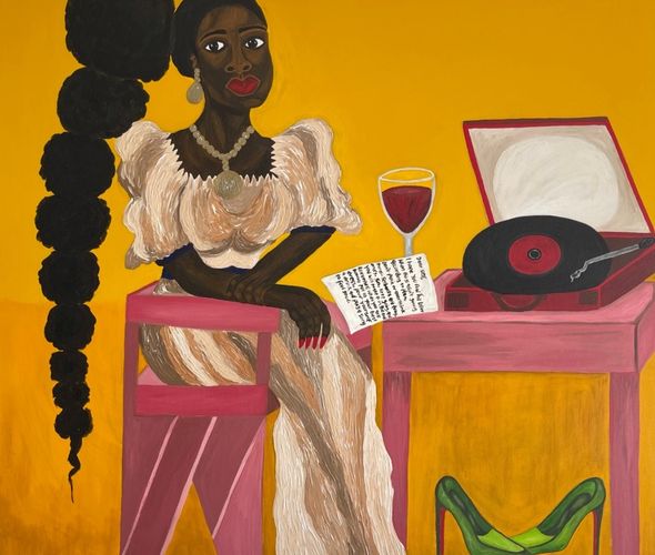 Sophia Oshodin Feeling Good III, 2022 Acrylic, gouache and silk flowers on canvas 91x91 cm