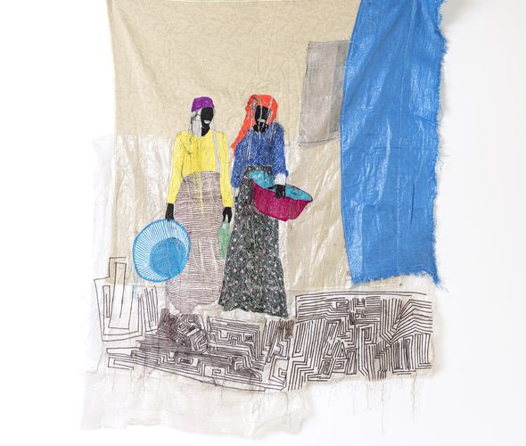 ANA SILVA - Agua 032, 2021 - Sacs en plastique tissé, tissus, broderie - 190 x 150 cm