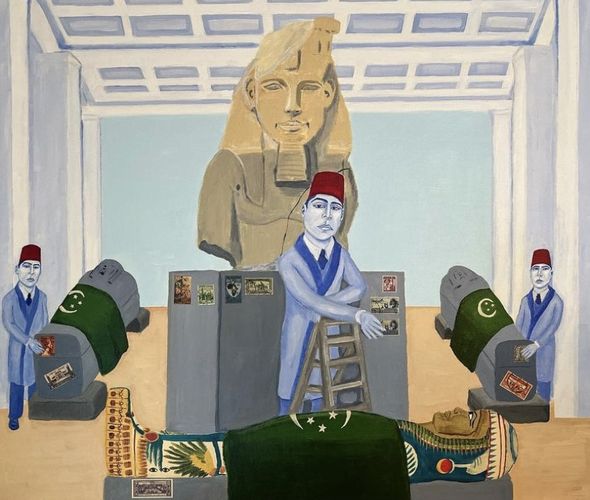 Massoud Hayoun - My grandfather visits the Egyptian Room at the British Museum, 2023 - Acrylic on canvas - 91x101 cm
