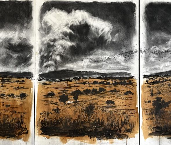 Themba Khumalo - Untitled, 2023 - Charcoal, coffee and pastel on paper - 100x210 cm