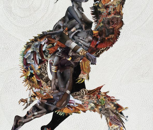 Penda Diakite - Sasulon Bamba, 2023 - Collage, acrylic, hand engraved rubber sealed on wood panel - 122x91cm