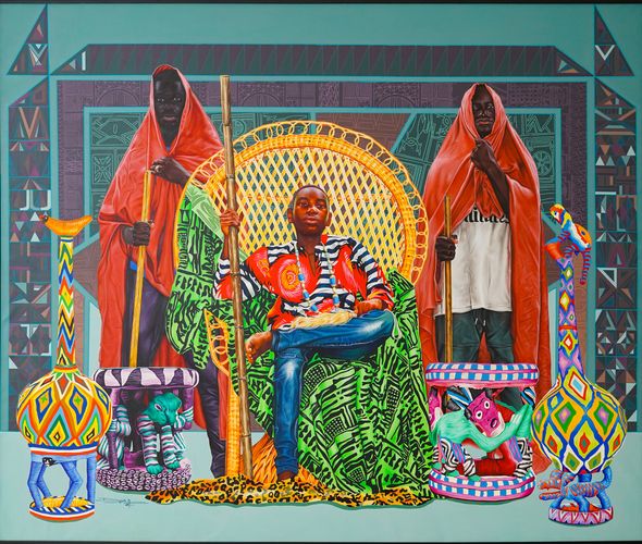 Dieudonne Djiela Kamkang - The futur king, Djiela Kamgang Dieudonne, acrylique et sérigraphie sur toile, 210x250 cm, 2023