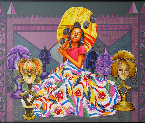 Dieudonne Djiela - Kota Guardian, 2023 - Acrylique, sérigraphie et Posca sur toile - 160x200 cm