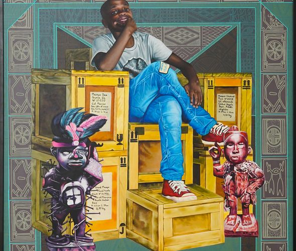 Dieudonne Djiela - Mfô Mikissi, 2023 - Acrylique, sérigraphie et Posca sur toile - 150x139 cm