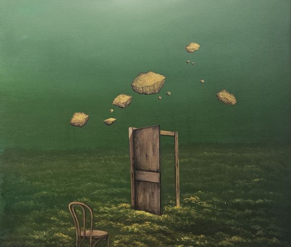 Houda Terjuman - Run run to golden lands 65x70cm 2022 Oil and acrylic on canvas